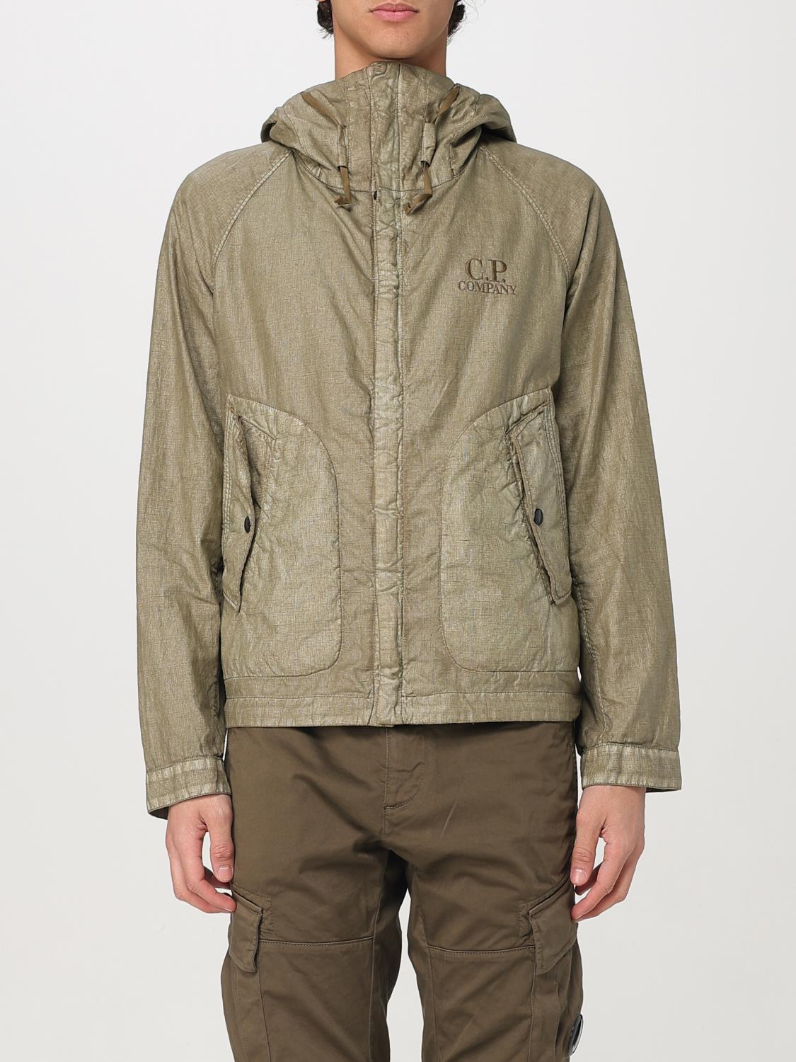 C.p. Company Linen Jacket With Buttoned Hood And Drawstring In Green