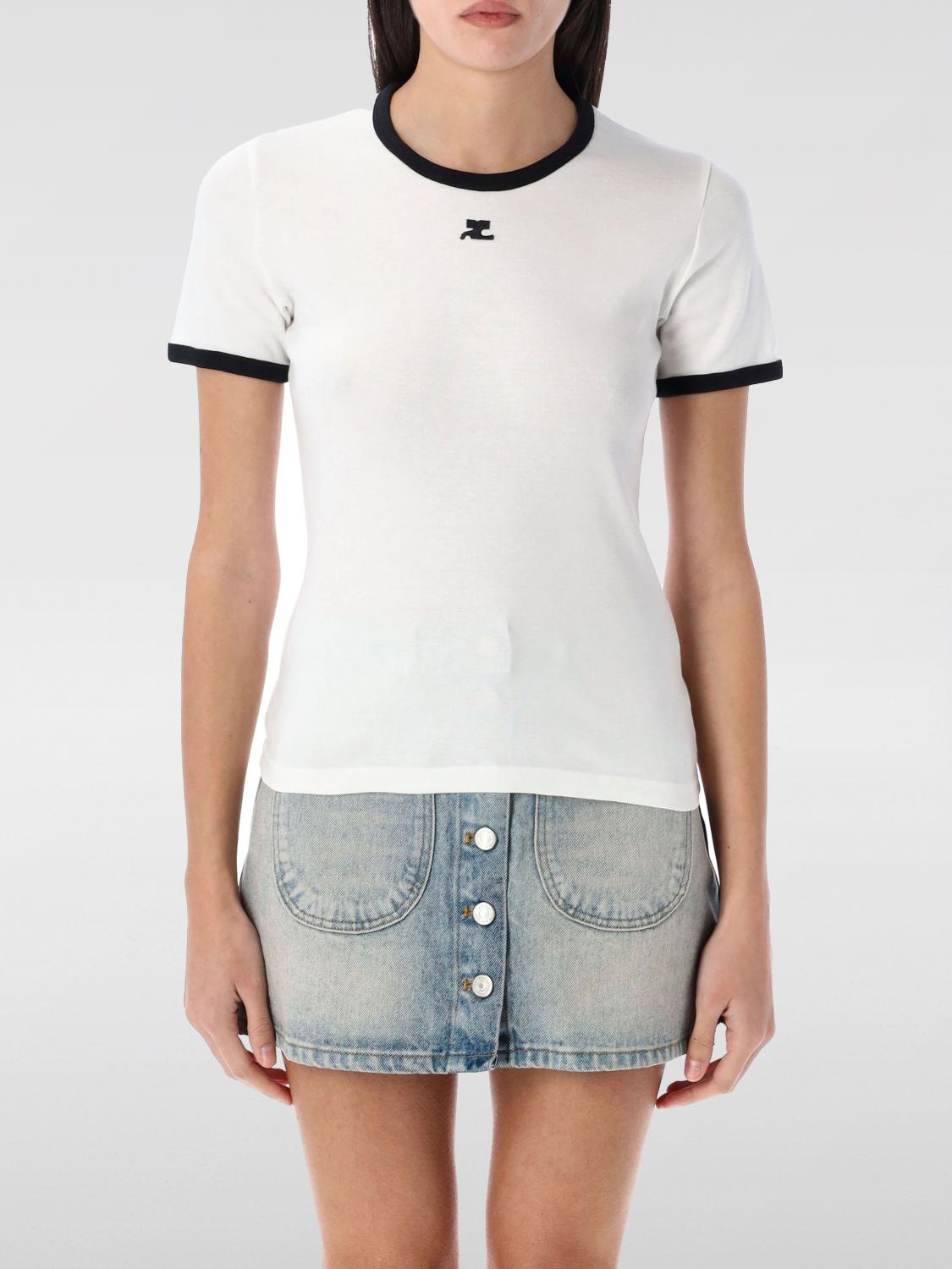 Courrèges Fitted White T-shirt With Contrasting Ribbed Trim In White