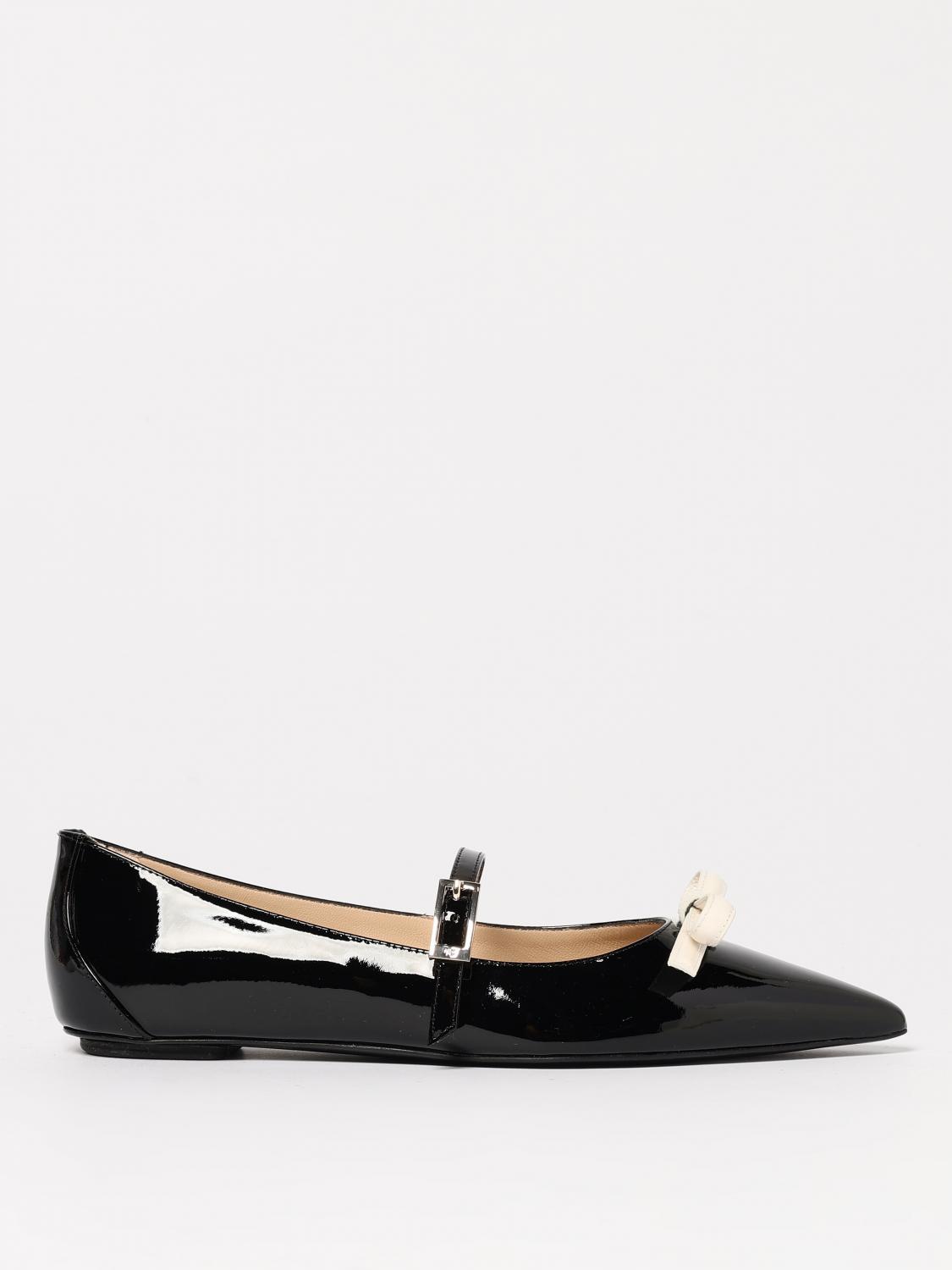 Stuart Weitzman Bow Patent Leather Pointed Toe Ballerinas In Black