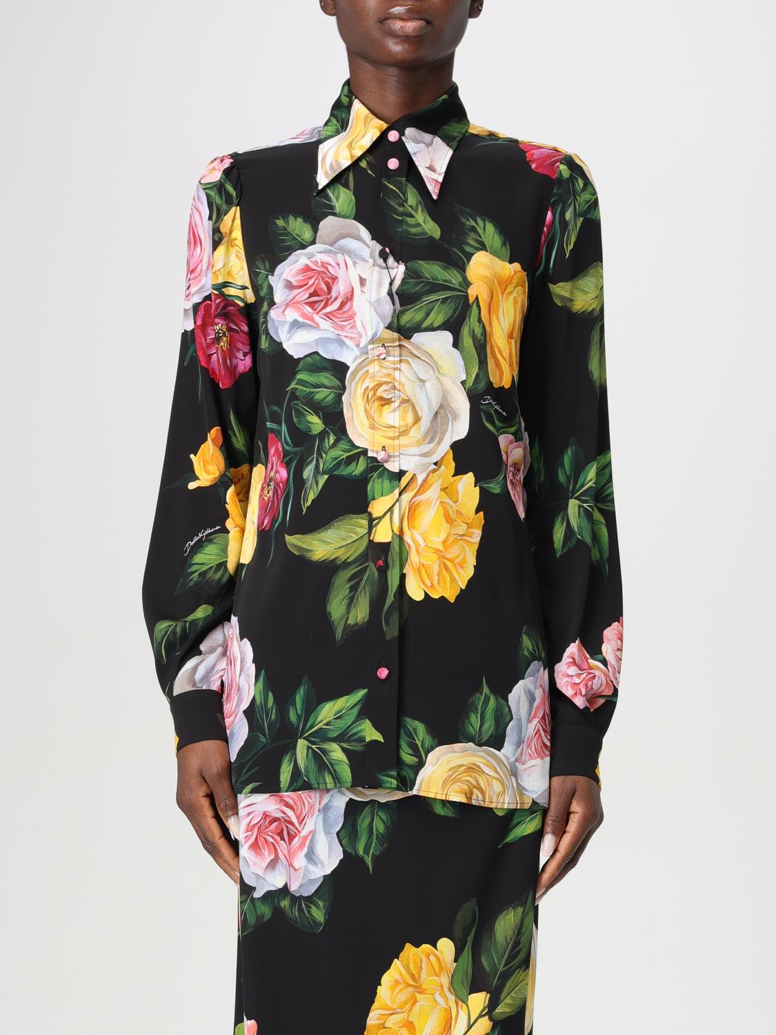 Dolce & Gabbana Multicolor Shirt With Oversize Pointed Collar And All-over Floral Motif In Silk Stretch Woman In Peony