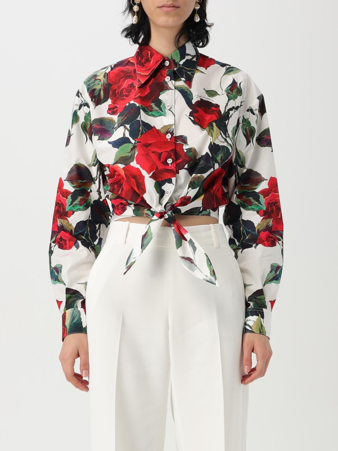 Dolce & Gabbana Cropped Tie-detailed Floral-print Cotton-poplin Shirt In Pink
