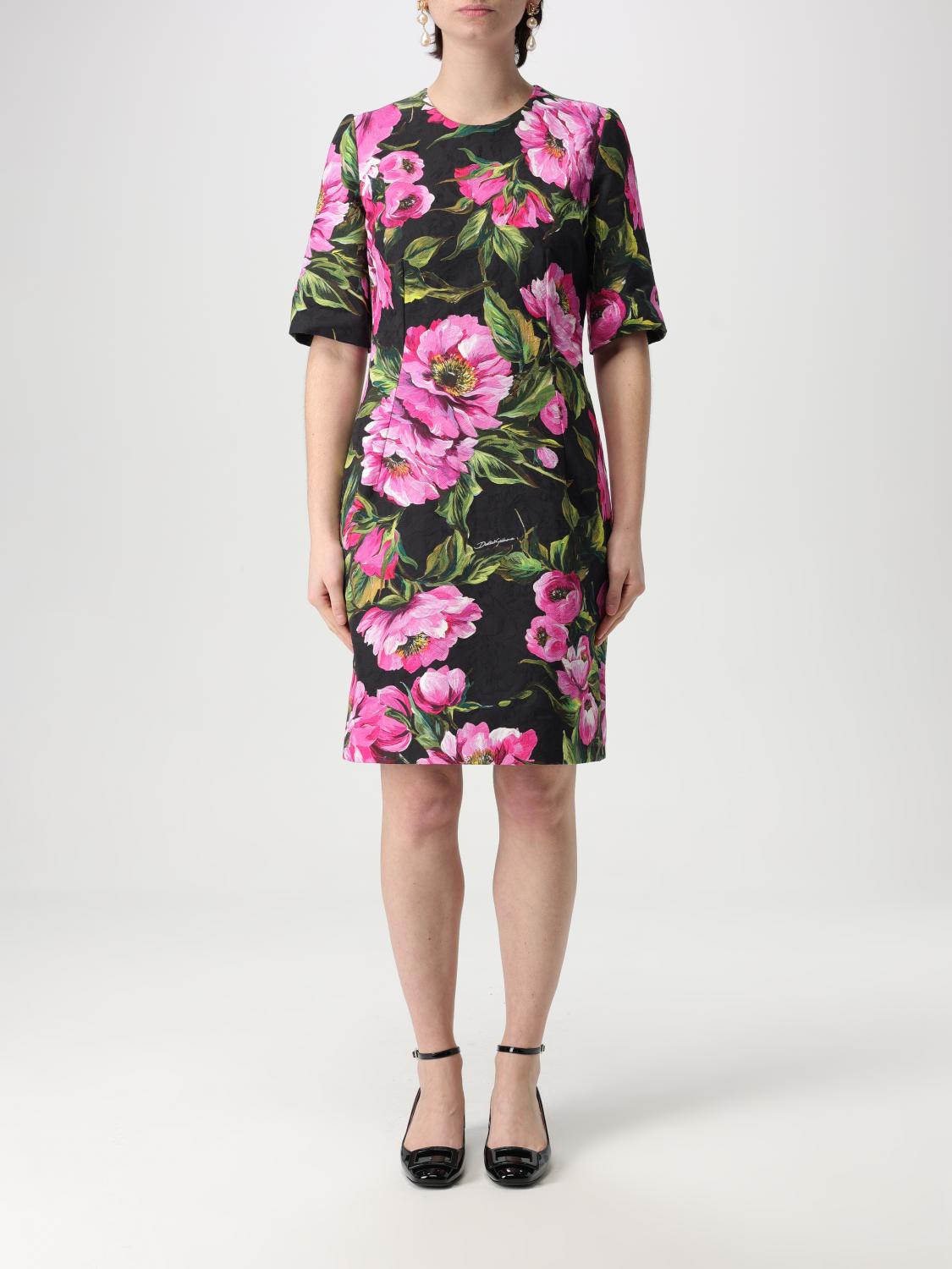 Dolce & Gabbana Black Floral Cotton Dress With Peonies In Peony