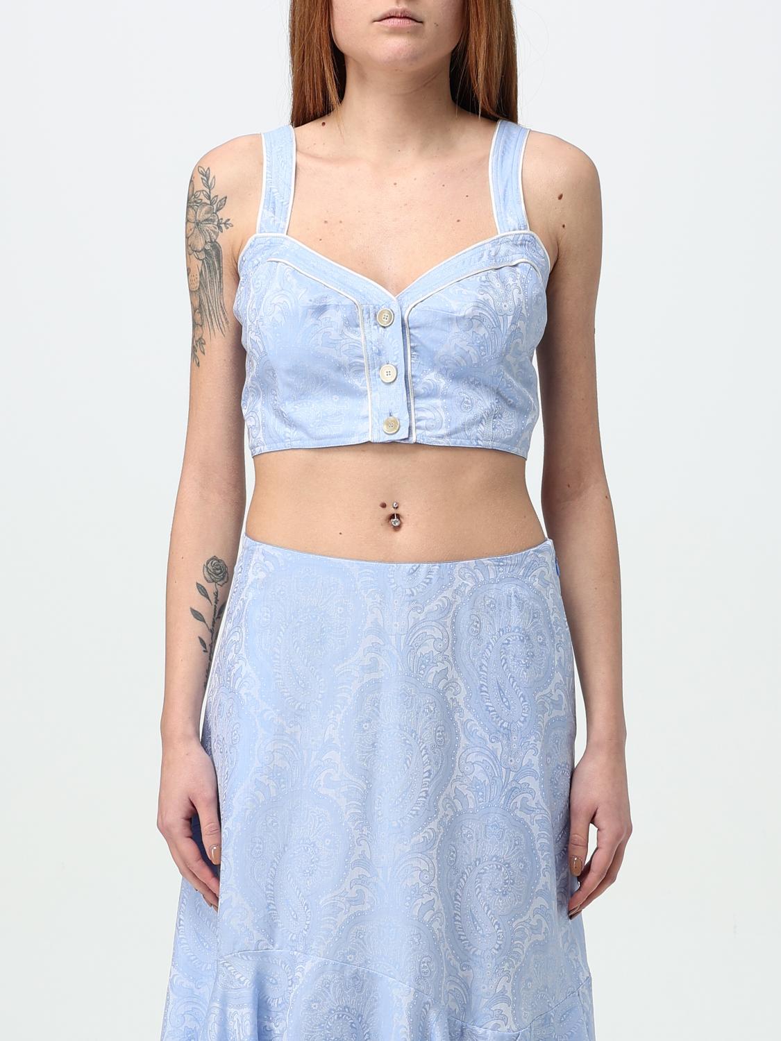 Etro Paisley Print Button Detail Cropped Top In Blue