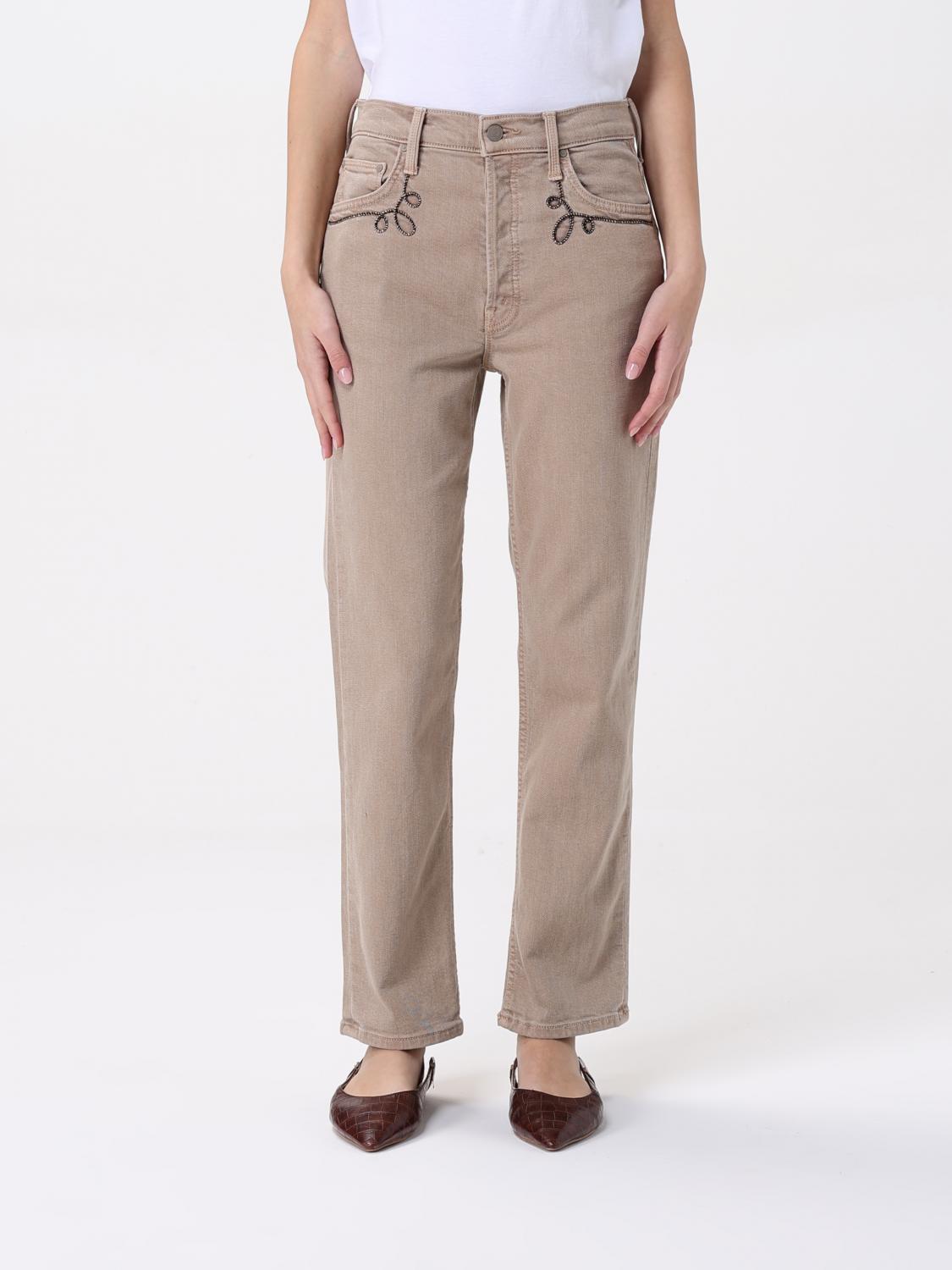 Mother Straight Trousers With Embroidered Detail And Pockets In Neutral