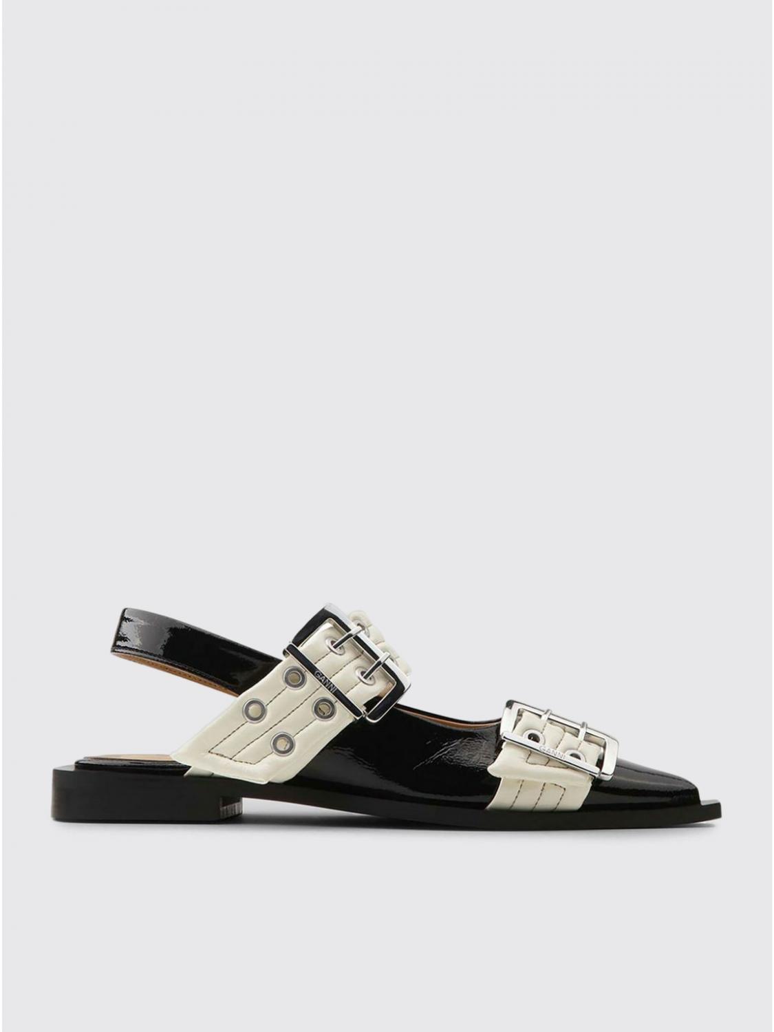 Ganni Black And White Slingback Ballerina Flats With Buckles In Weiss