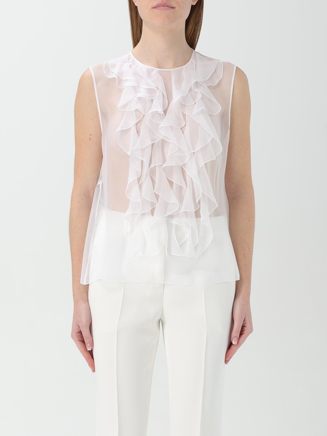 Alberta Ferretti Ruffle Bib Sleeveless Silk Blouse In White