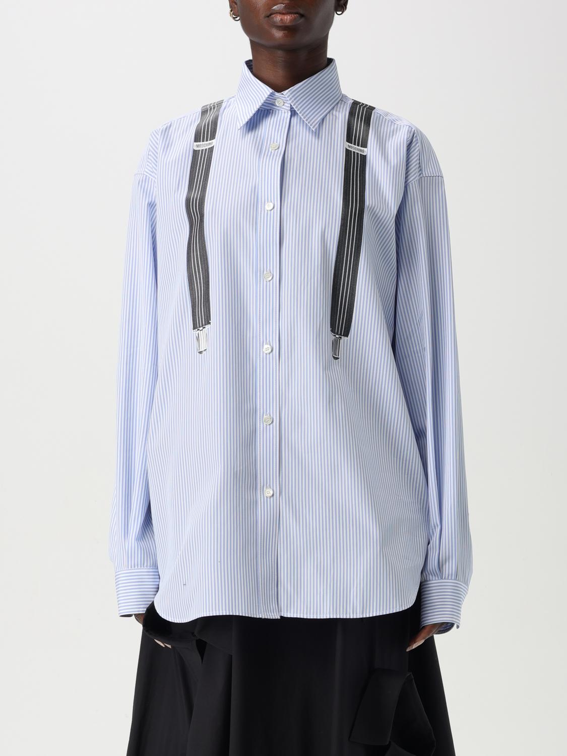 Moschino Couture Light Blue Cotton Striped Shirt With Decorative Straps In Gnawed Blue