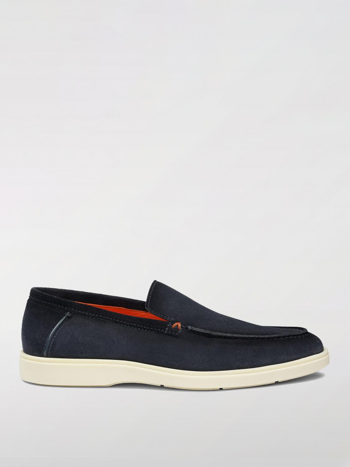 Santoni Loafers With Round Toe And Contrast Stitching In Blue
