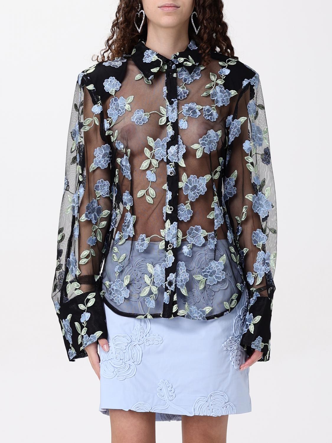 Rotate Birger Christensen Rotate Sheer Black Shirt With Intricate Floral Embroidery In Black