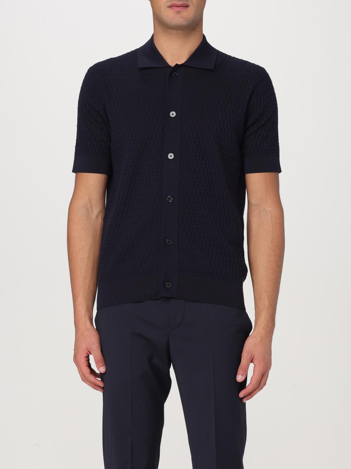 Paolo Pecora Short-sleeved Polo-style Knit Shirt With Textured Pattern In Blue