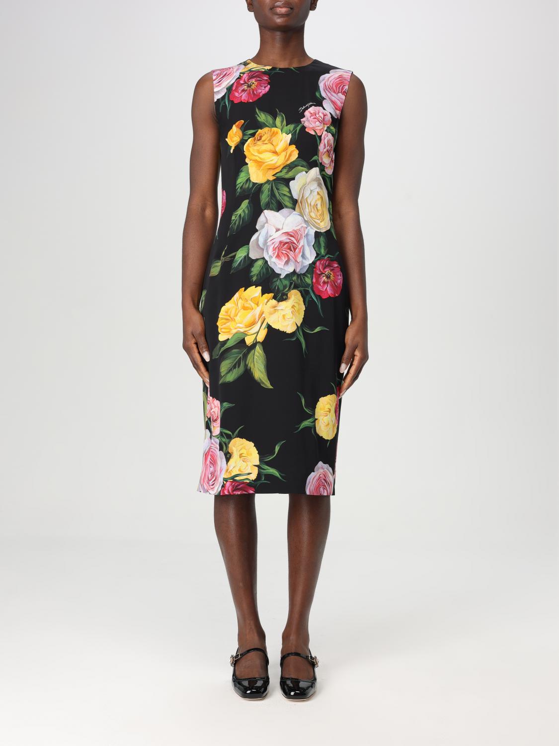 Dolce & Gabbana Longuette Dress With Floral Print Dresses Multicolor In Black