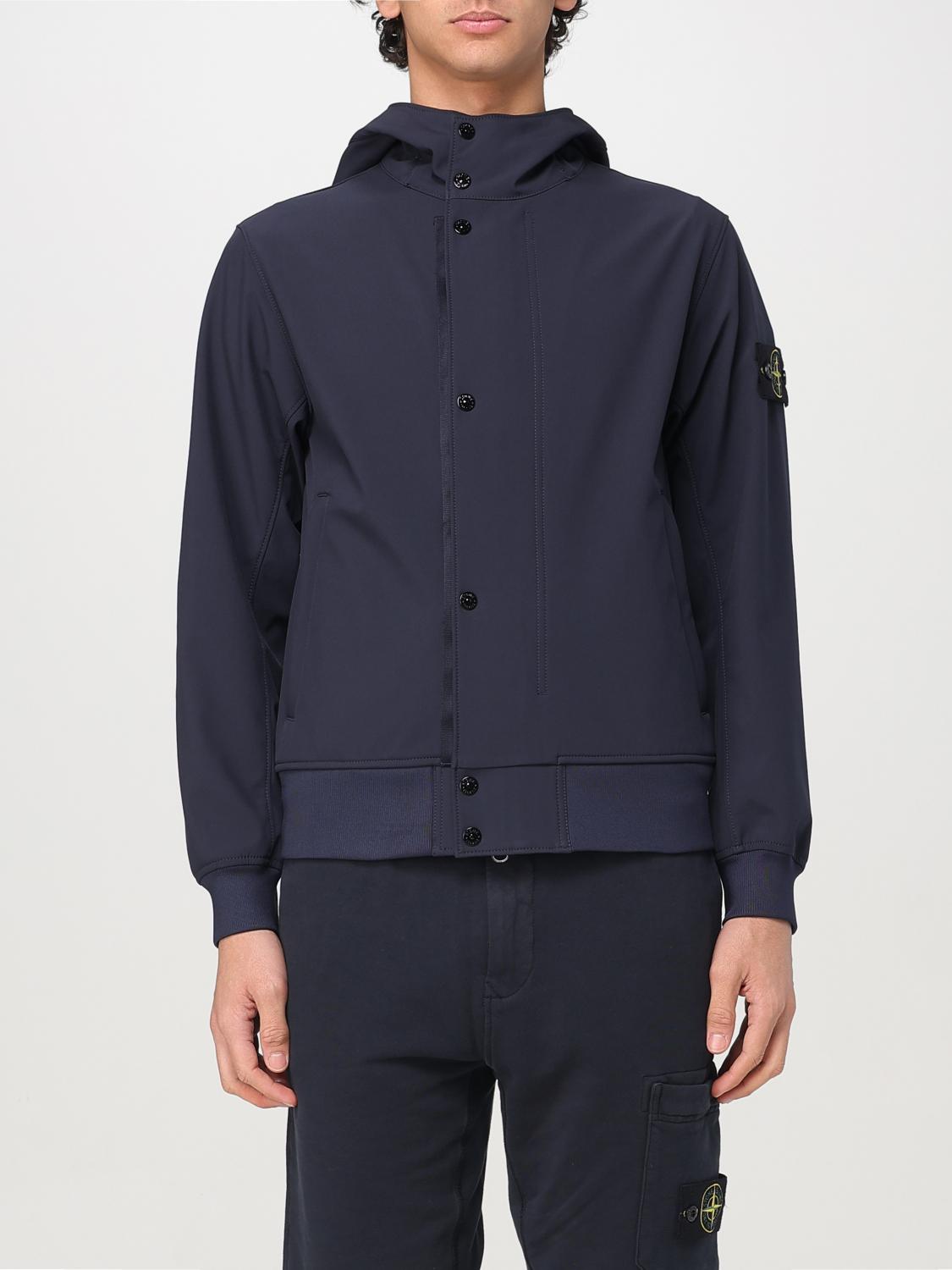 Stone Island Black Jacket With Hood With Buttons And Logo Patch On The Sleeve In Tech Fabric Stretch Man In Blue