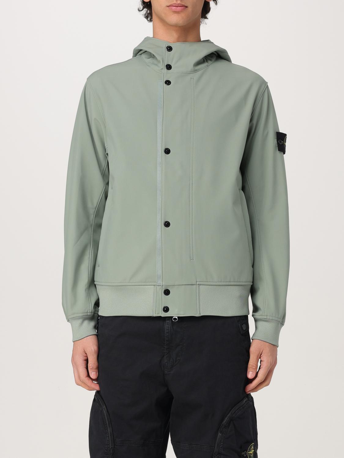 Stone Island Hooded Coat With Button Closure And Ribbed Hem In Green