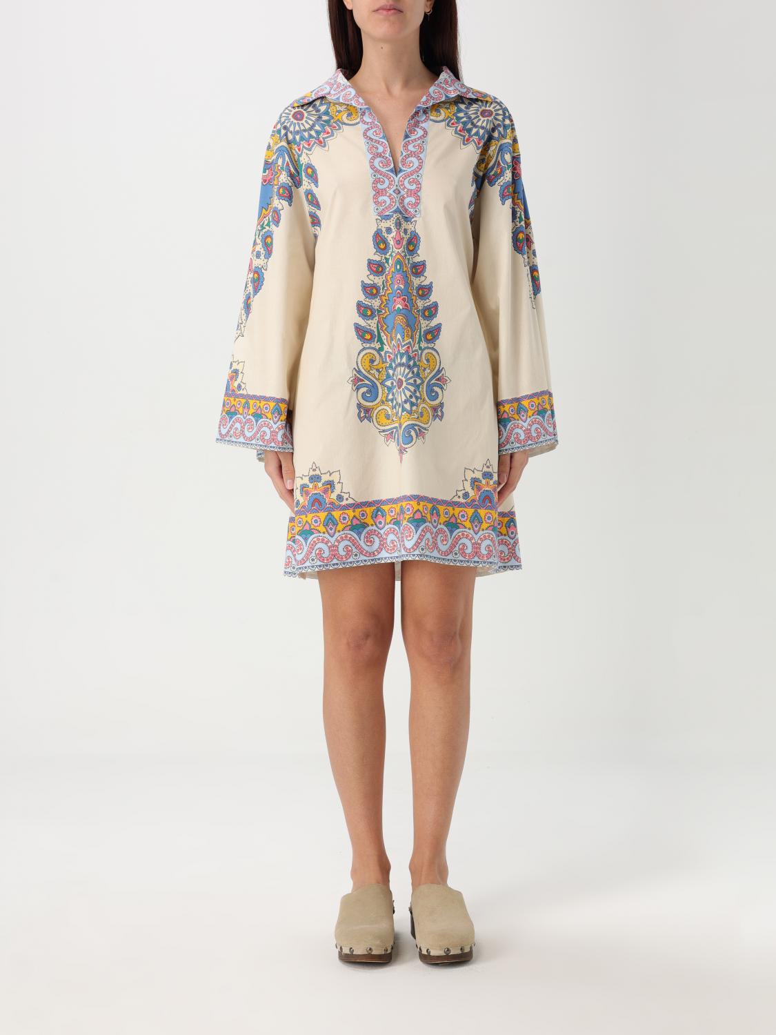 Etro Ivory Cotton Kaftan Dress With Multicolored Paisley Pattern In White