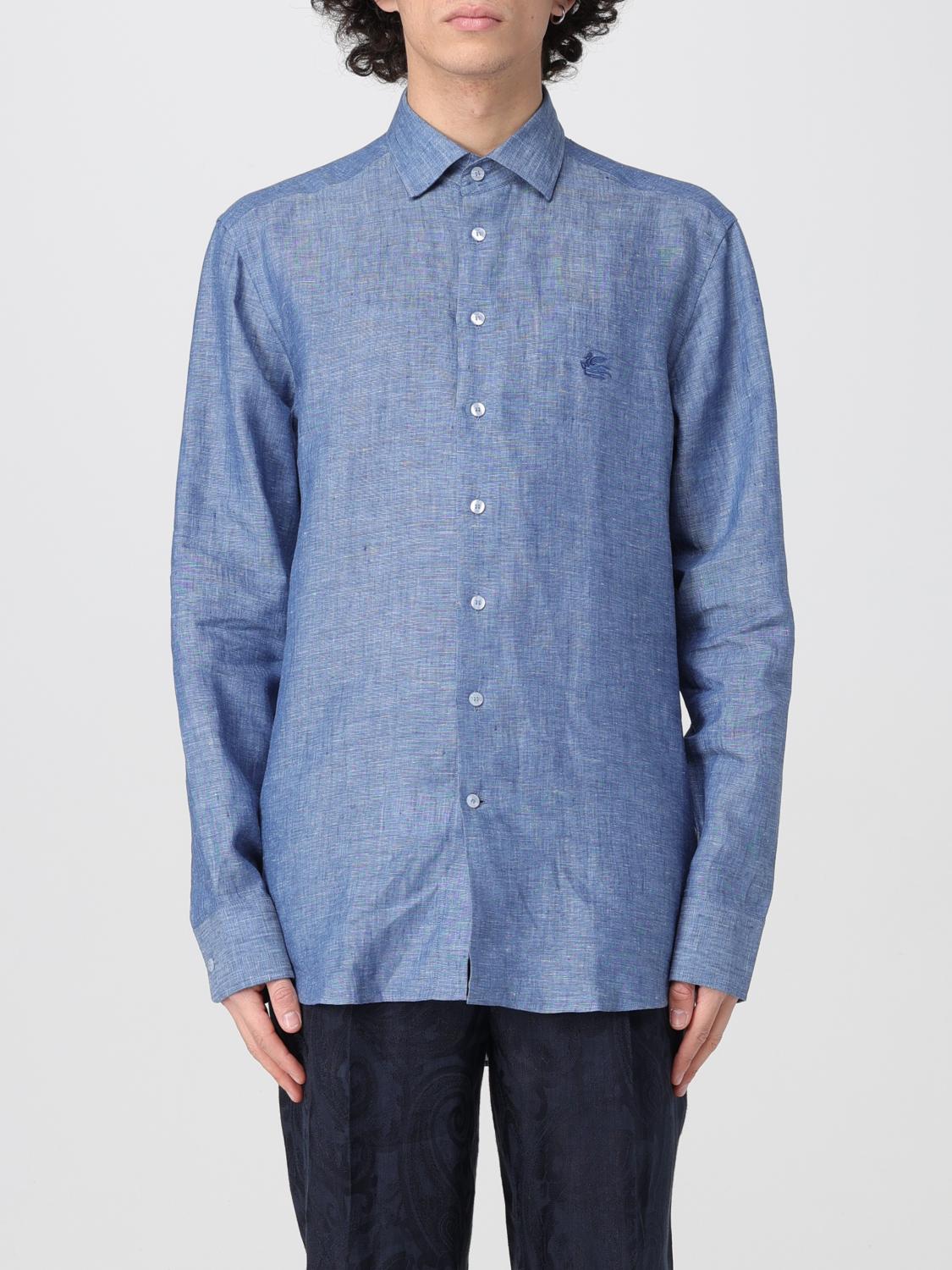 Etro , Linen Shirt With Pegaso, Man, Light Blue, Size 44 In Blue