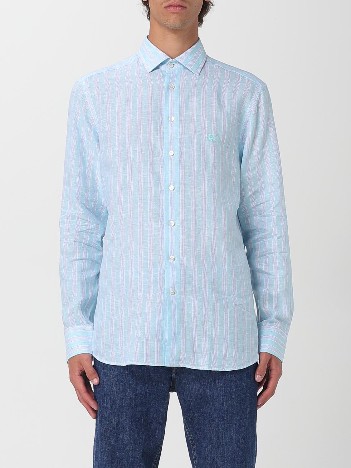 Etro Striped Linen Shirt With Embroidered Pegaso Logo In Blue