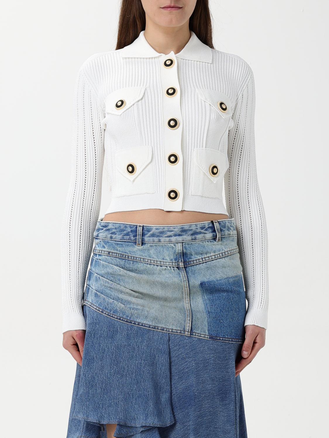 Balmain Perforated Knit Cardigan With Embossed Logo Buttons In Weiss