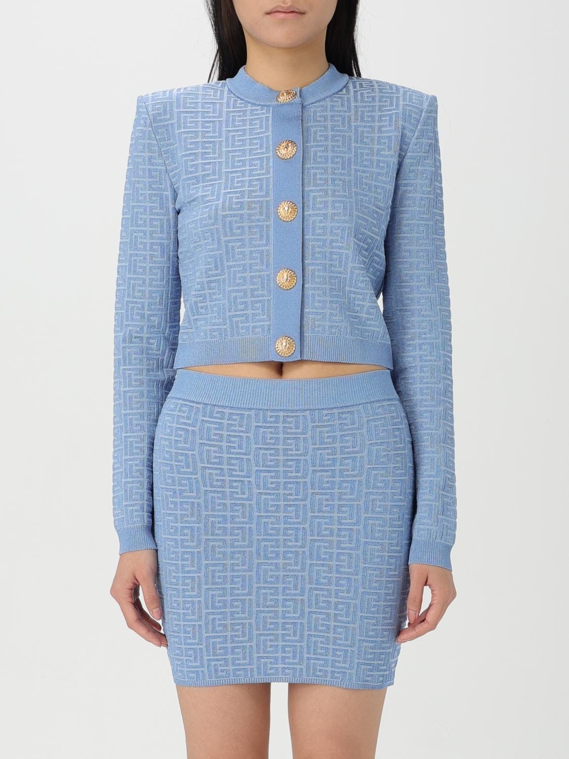 Balmain Pb Labyrinth Knitted Cropped Cardigan In Blue