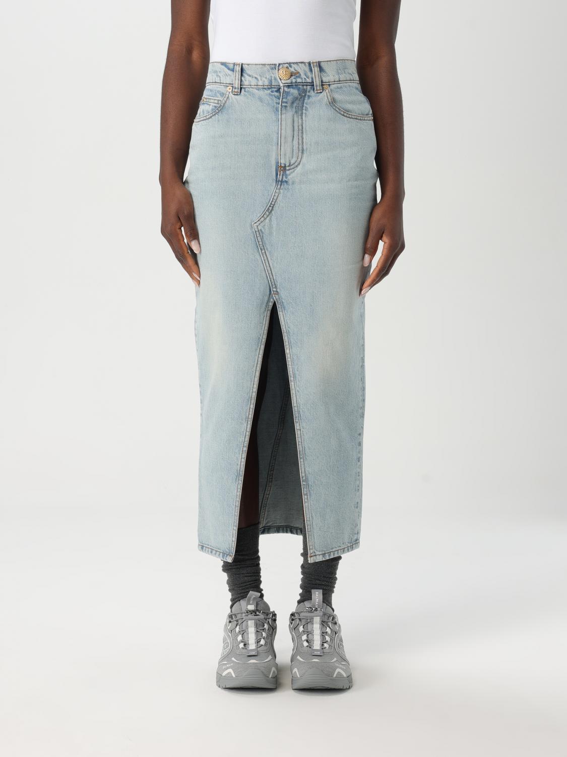 Balmain Midi Denim Skirt With Slit In Blue