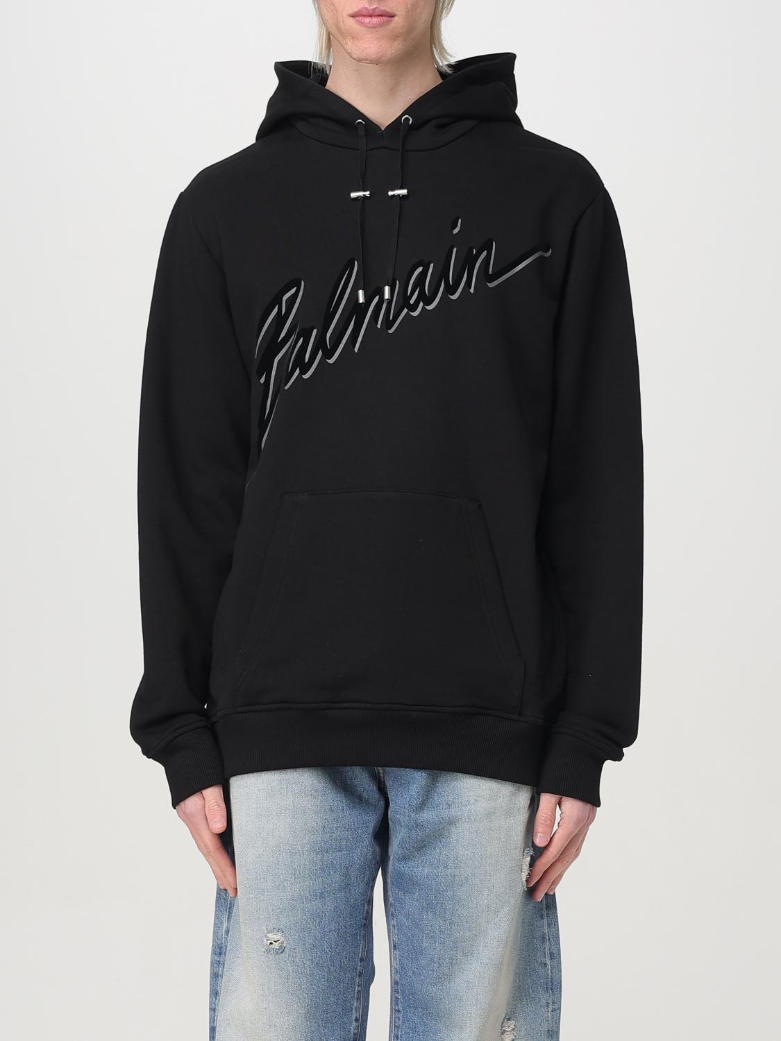 Balmain Cotton Hoodie With Embossed Velvet Logo In Black