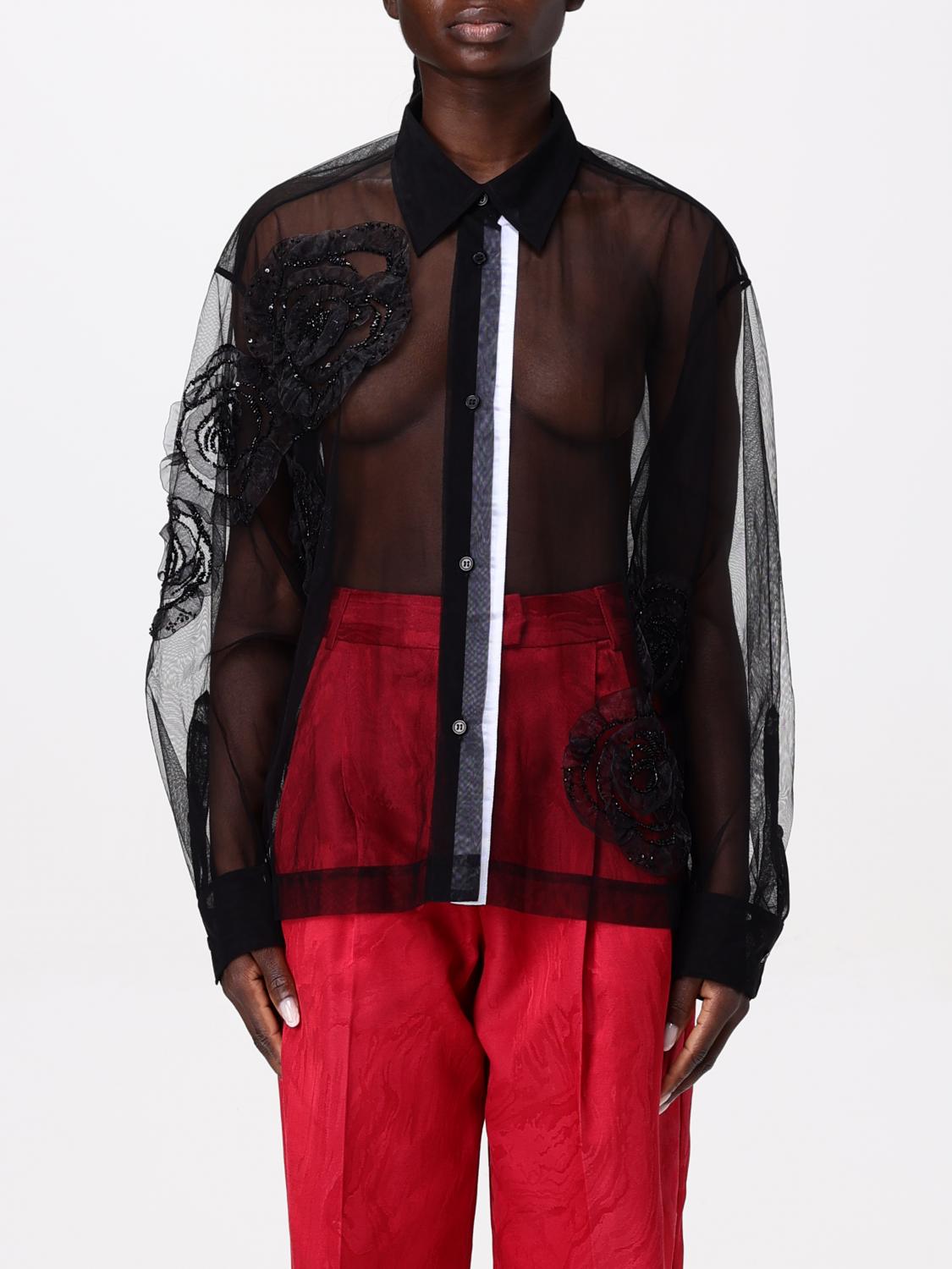 Des_phemmes Couture Floral Embellished Tulle Shirt In Black