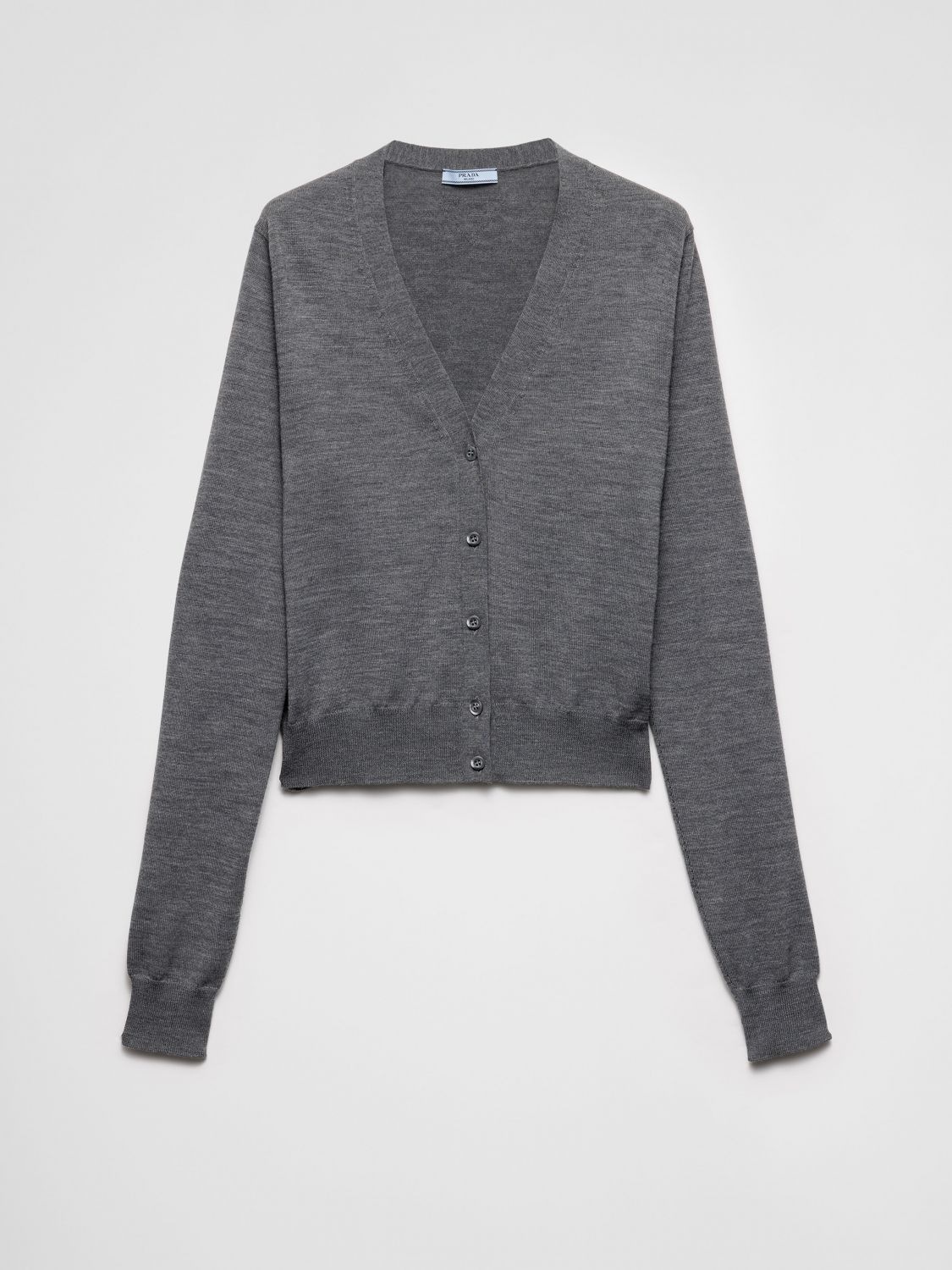 Prada V-neck Lightweight Knit Wool Cardigan In Gray