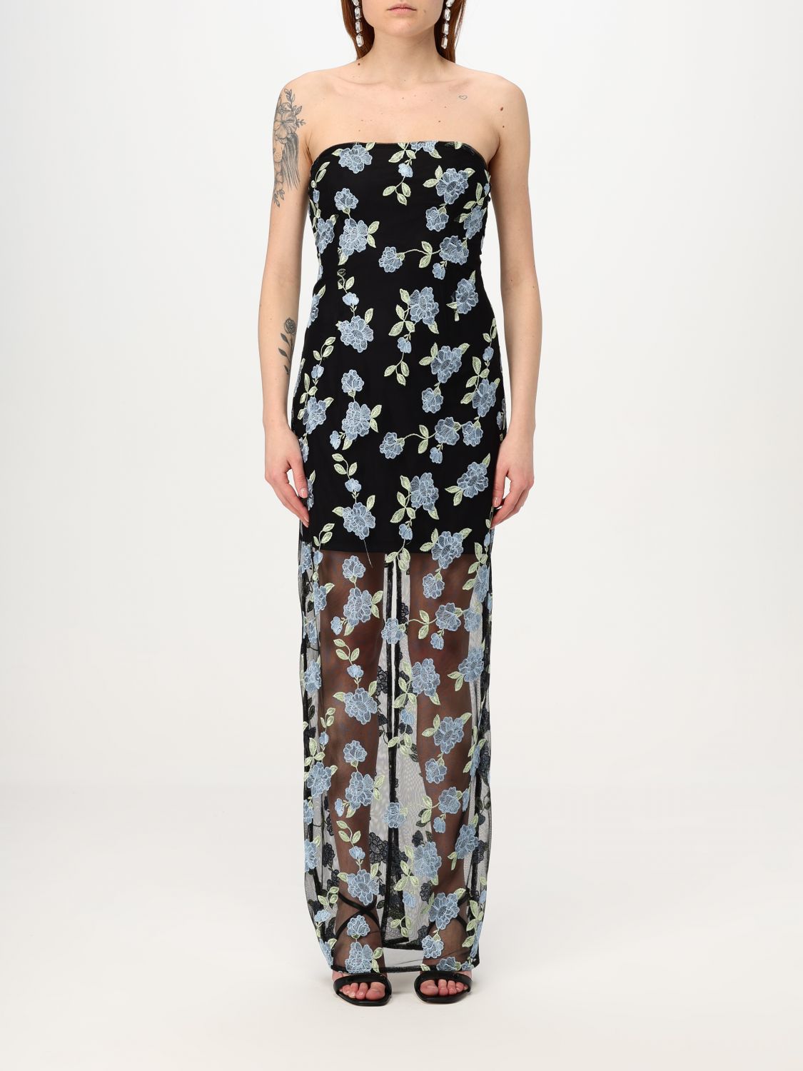 Rotate Birger Christensen Long Dress With All-over Floral Motif And Semi Sheer Lower Part In Tech Fabric In Black