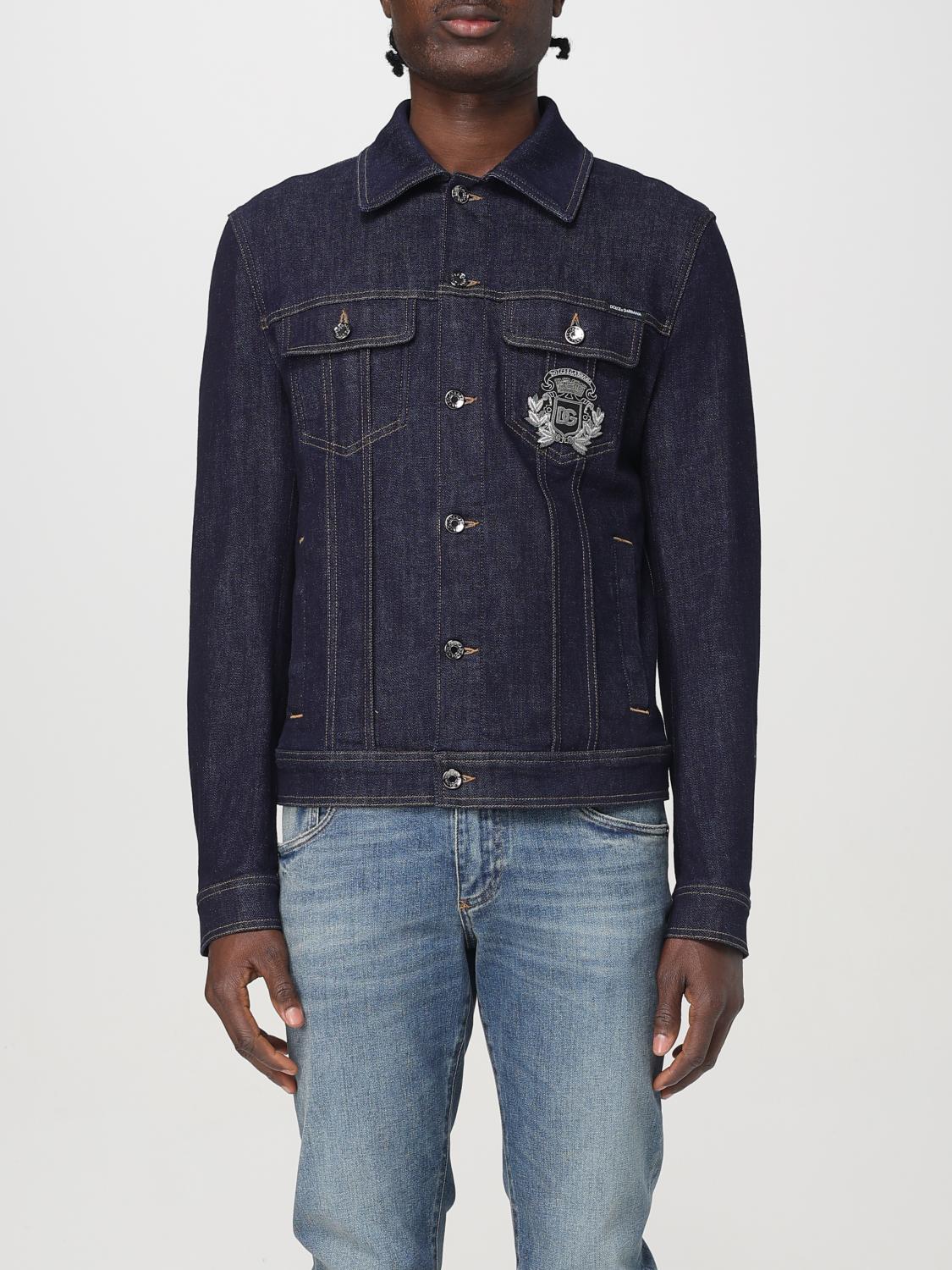 Dolce & Gabbana Dark Blue Jacket With Classic Collar And Contrasting Stitching In Blue