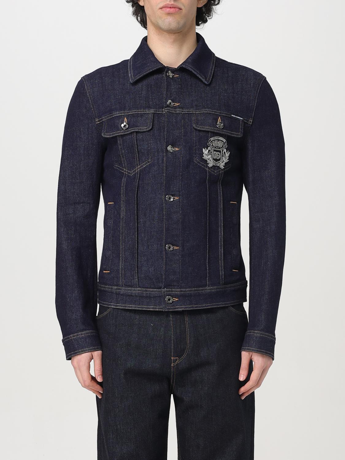 Dolce & Gabbana Dark Blue Jacket With Classic Collar And Contrasting Stitching In Denim