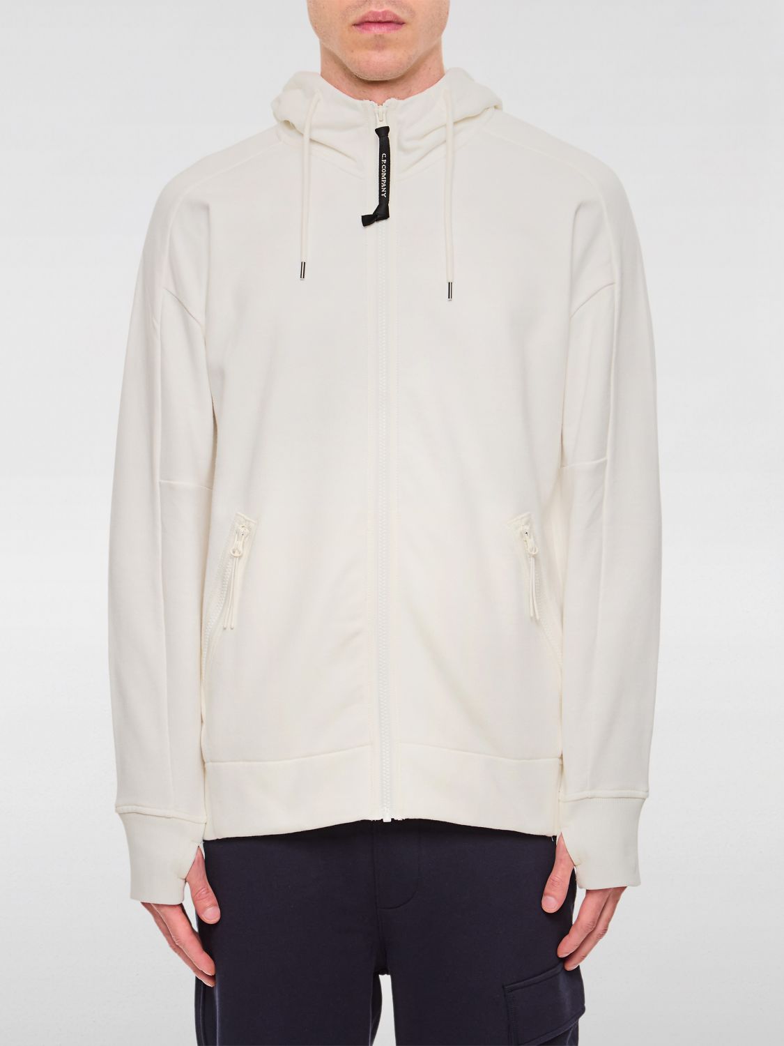C.p. Company Diagonal Raised Fleece Goggle Zipped Hooded Sweatshirt In Weiss
