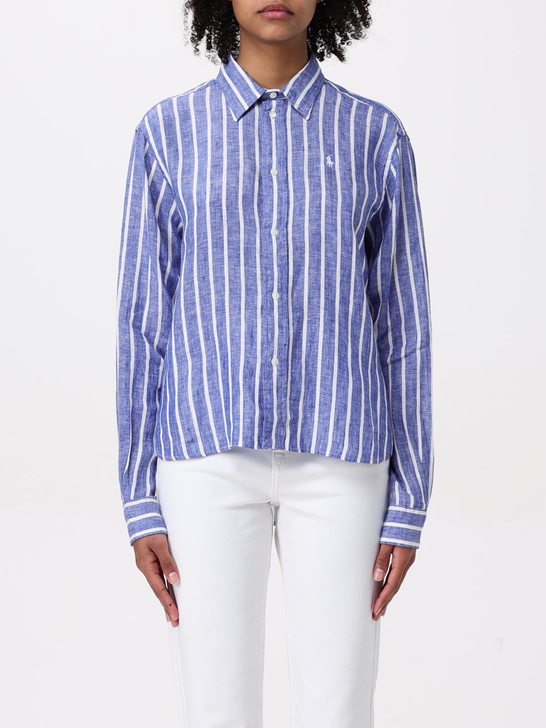 Polo Ralph Lauren Camicia Lino Righe Blu E Bianca Manica Lunga Regular In Blue