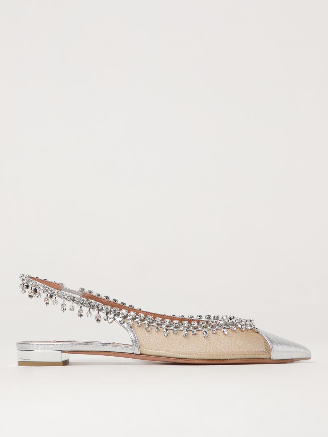 Aquazzura Temptation Crystal Mesh Slingback Flats In Silver