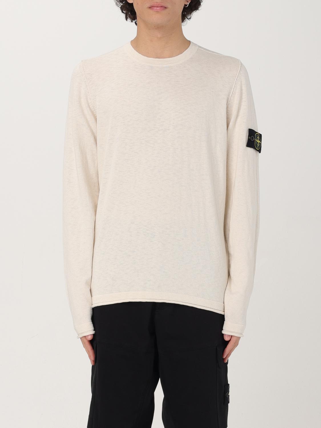 Stone Island Beige Long-sleeved Sweater With Distinctive Logo Patch In White