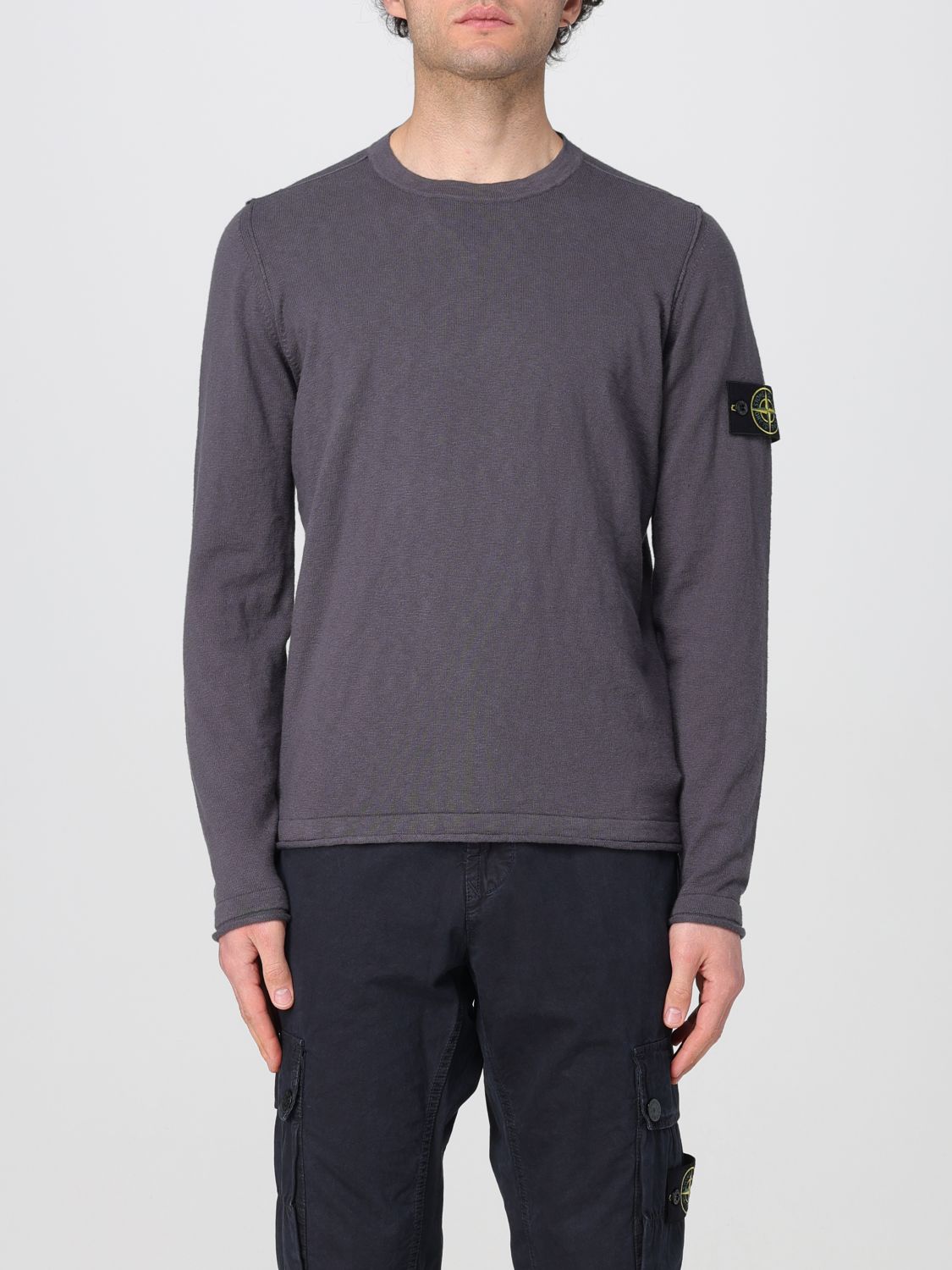 Stone Island Round-neck Sweatshirt With Ribbed Cuffs And Logo Detail In Grey