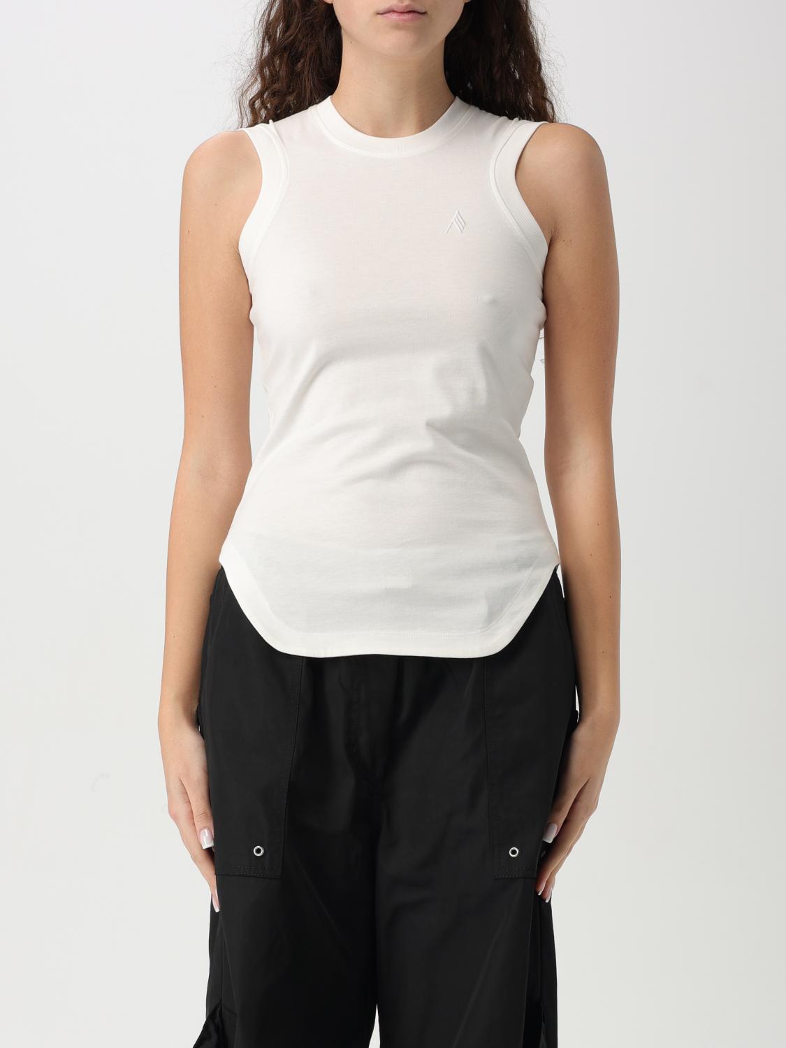 Attico Crew Neck Cotton Top With Ribbed Trimmings In White
