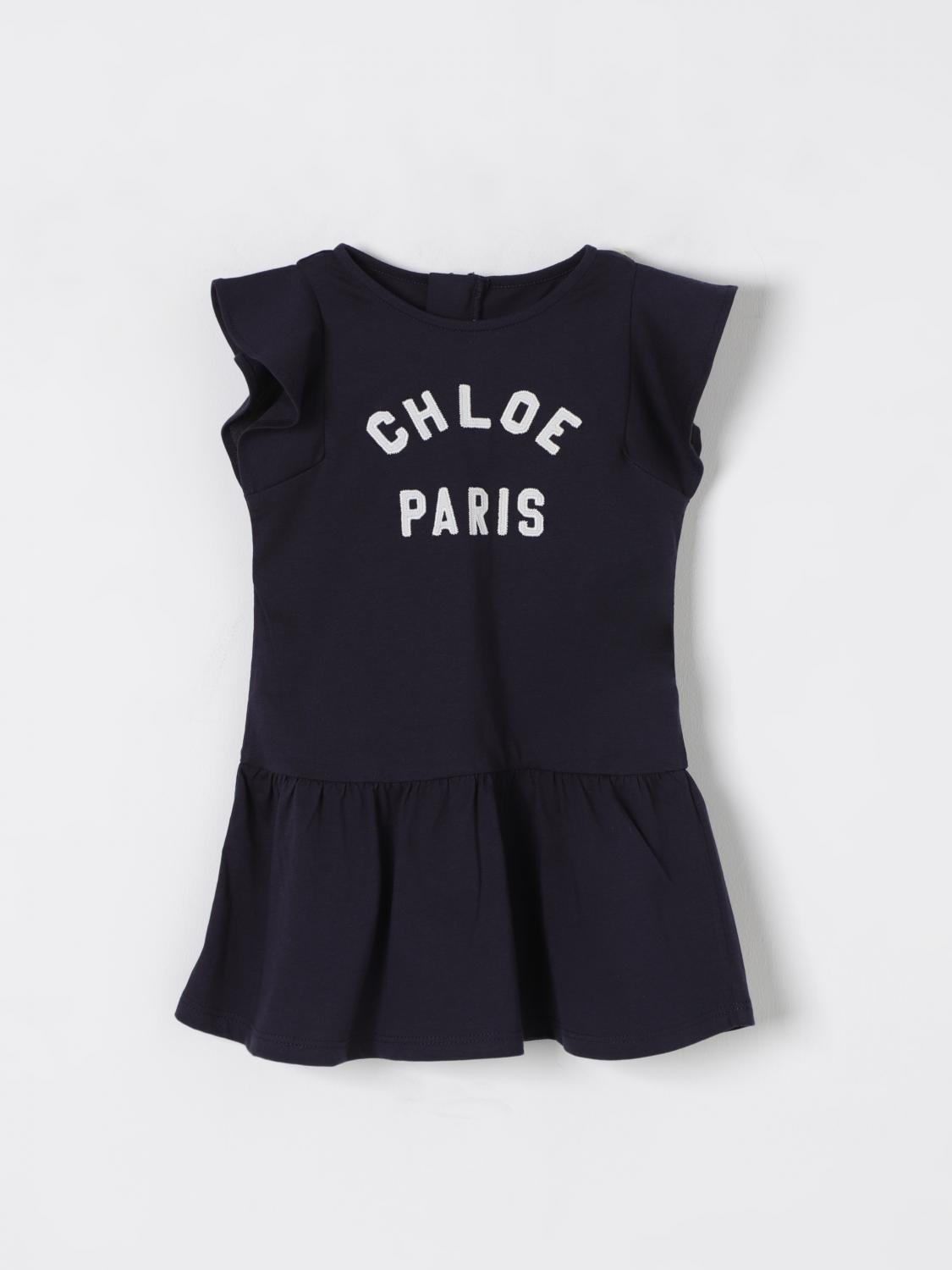Chloé Navy Blue Cotton Dress With Logo In Blue