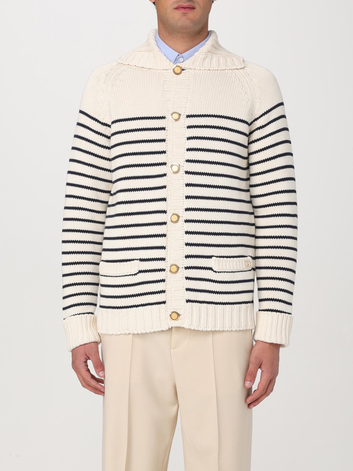 Valentino Striped Shawl Collar Cardigan Pockets In Beige