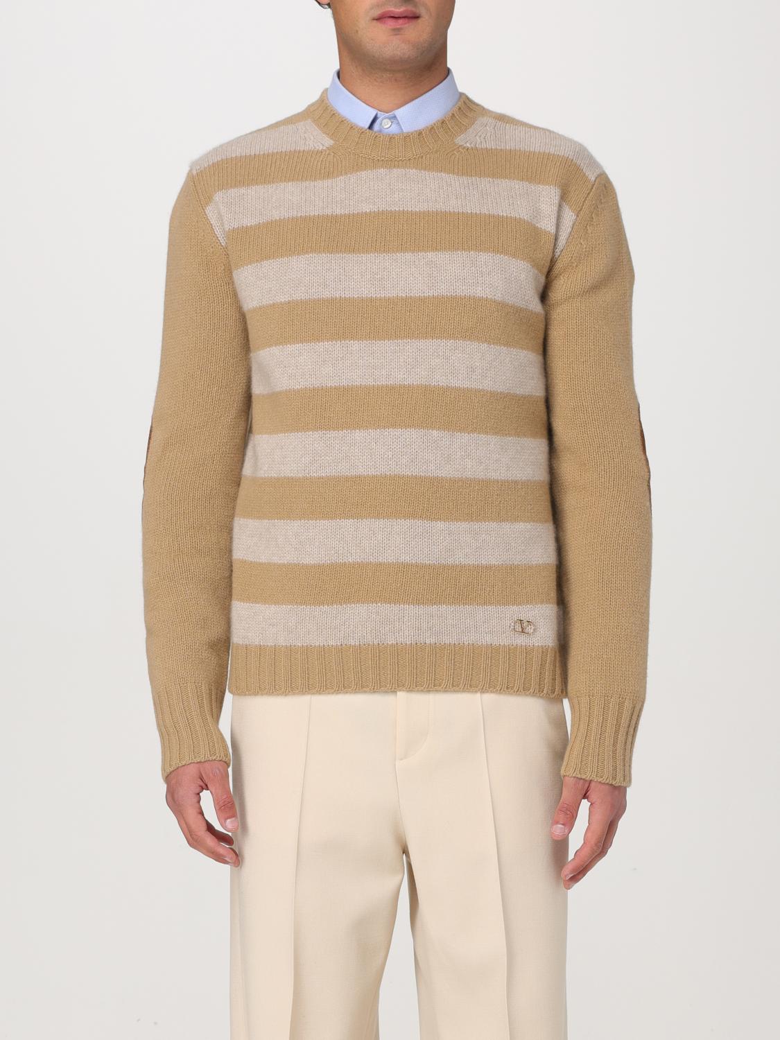 Valentino Crewneck Striped Sweater Elbow Patches In Beige