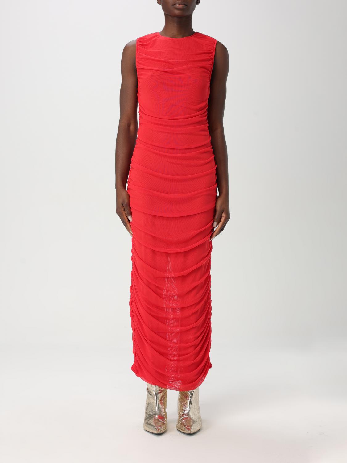 Rotate Birger Christensen Gathered Detail Mesh Midi Dress In Red