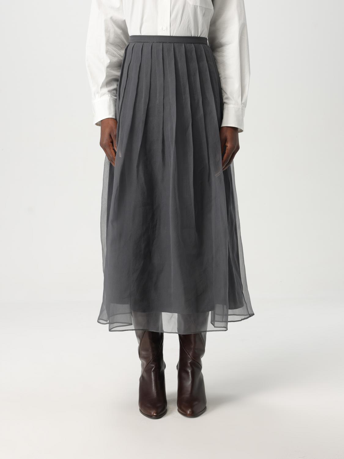 Brunello Cucinelli Lignite Silk Midi Skirt In Grey