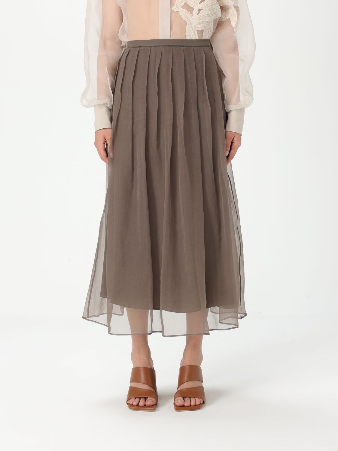 Brunello Cucinelli Women Brown Shiny Waistband Pleated Midi Skirt In Brown