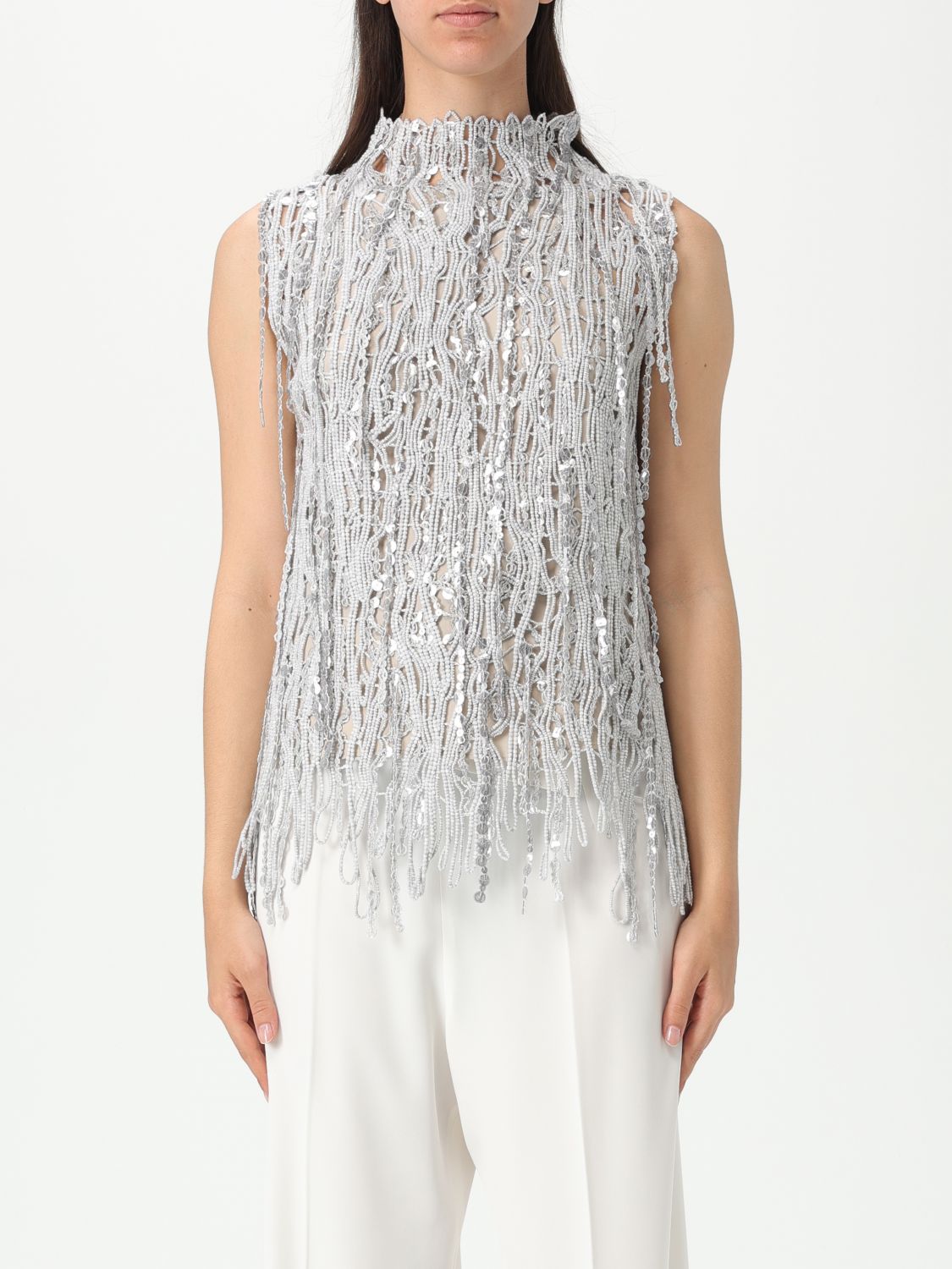 Brunello Cucinelli High Neck Sequined Lace Sleeveless Top In Natural