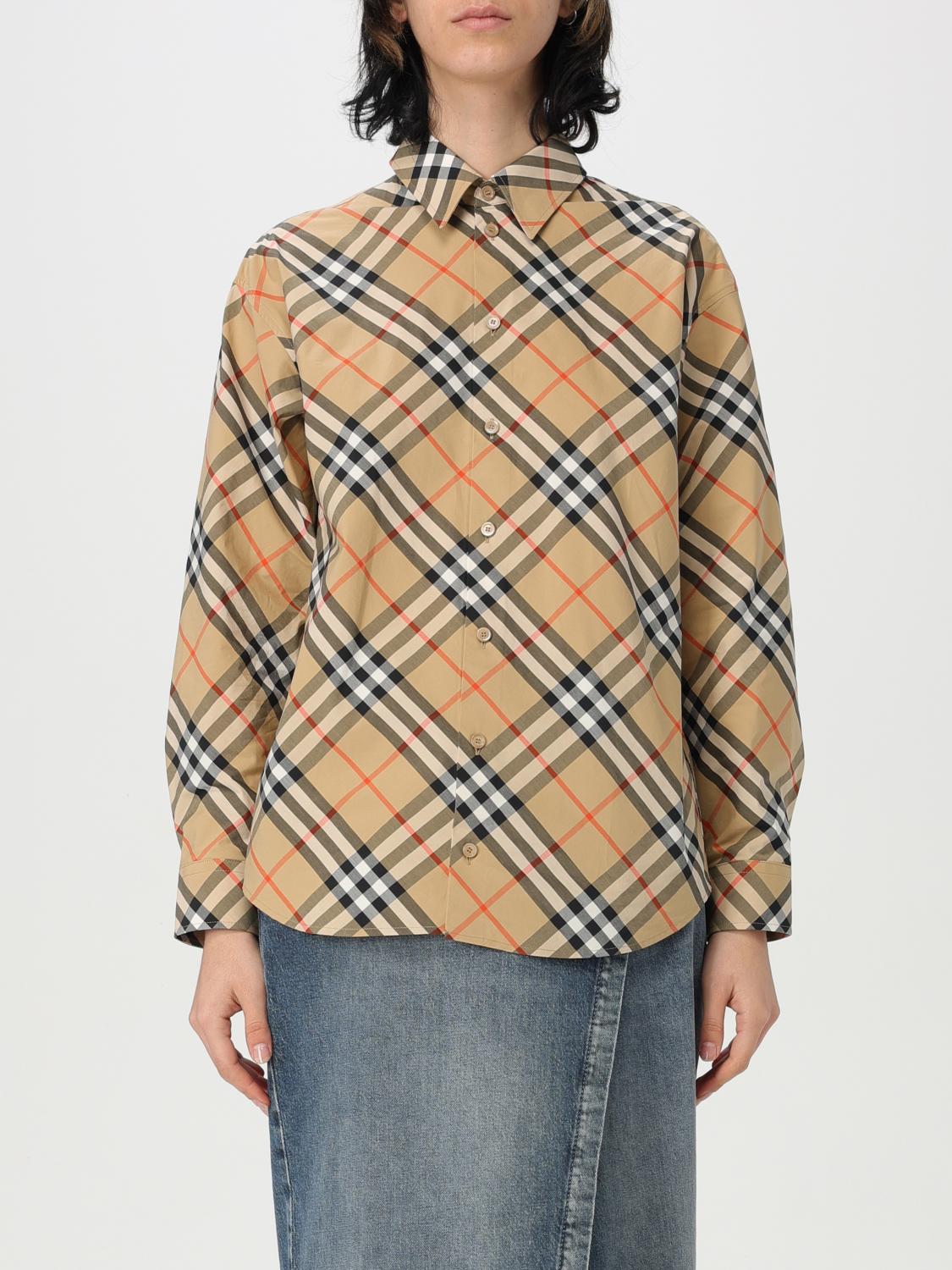 Burberry Beige Shirt With Classic Collar And All-over Check Motif In Cotton Woman In Sand