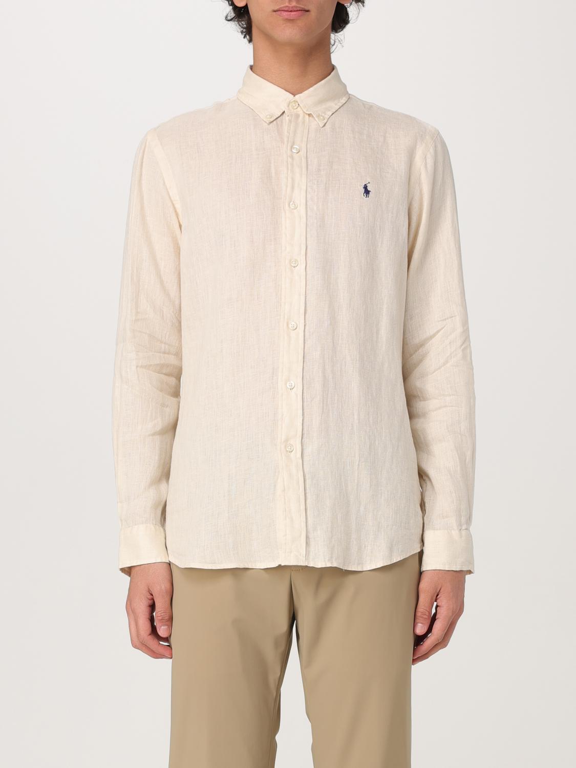 Polo Ralph Lauren Fitted Linen Shirt Collar Buttoned In Beige
