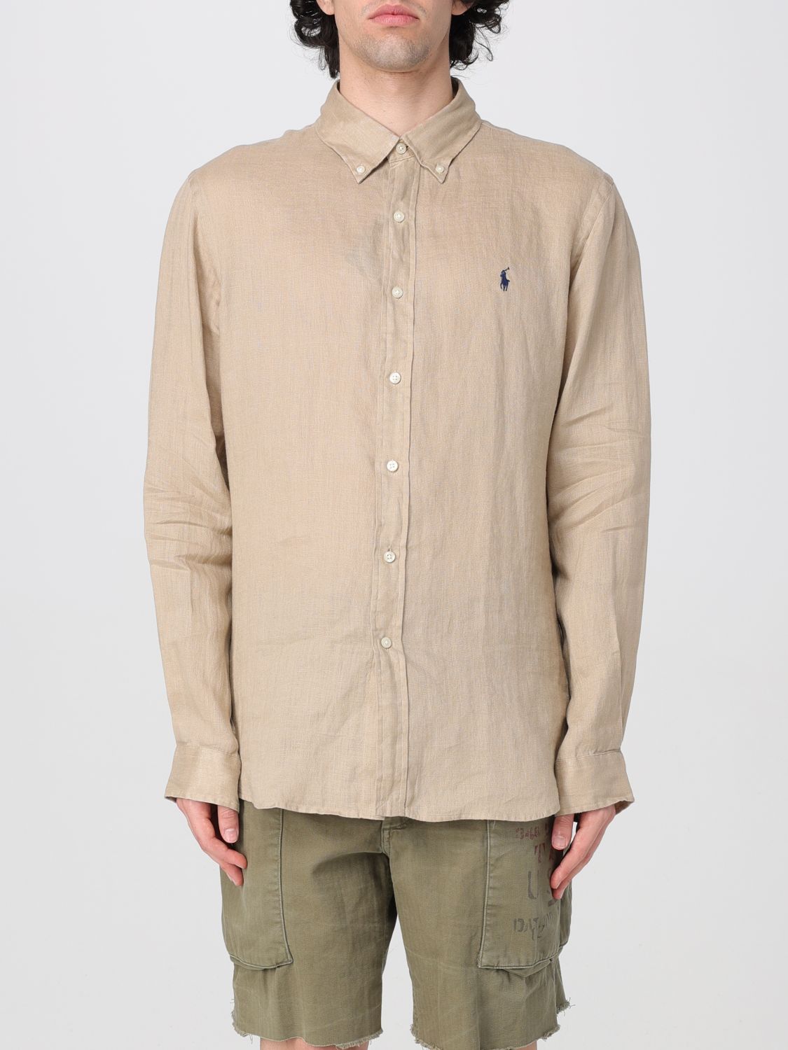 Polo Ralph Lauren Long-sleeved Logo Linen Shirt In Sand