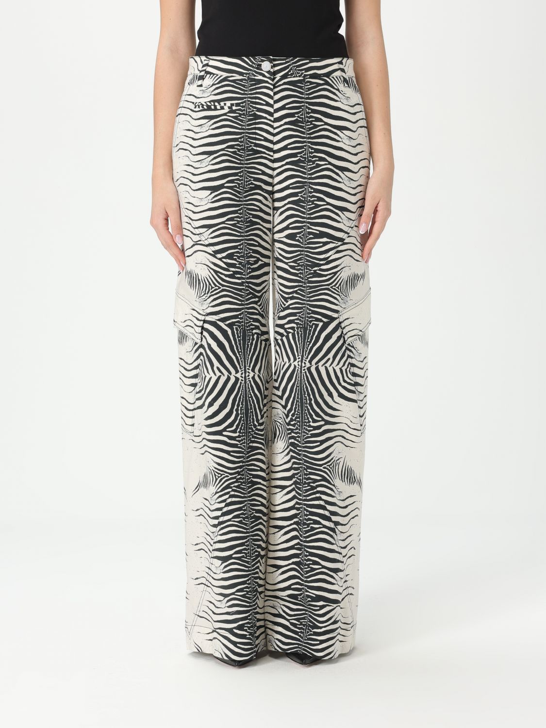 Roberto Cavalli Stretch Cotton Pants With White Tigress Print In White