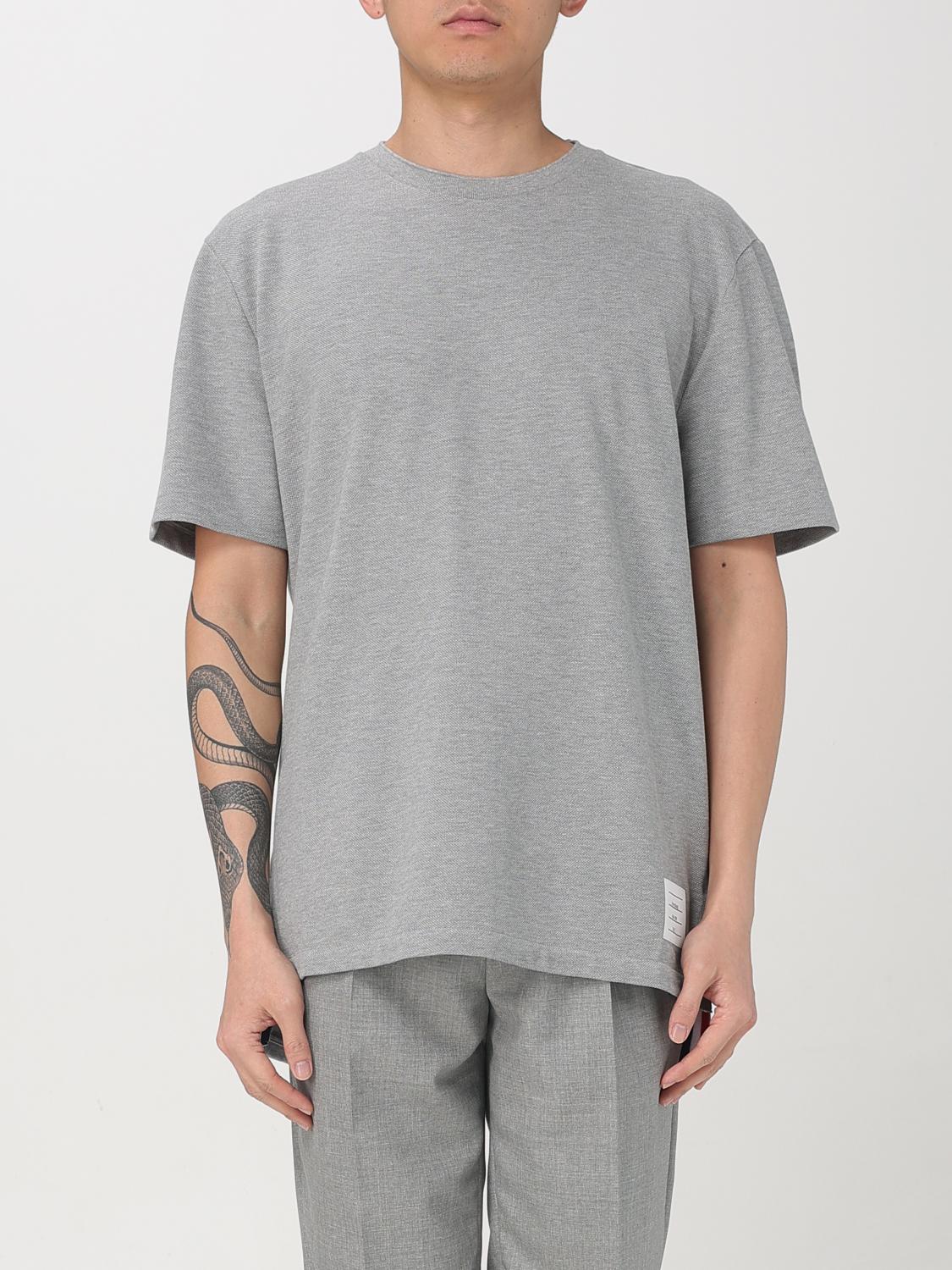 Thom Browne Grey Crewneck T-shirt With Logo Patch On The Front And Striped Detail On The Rear In Cotton Man In Grey