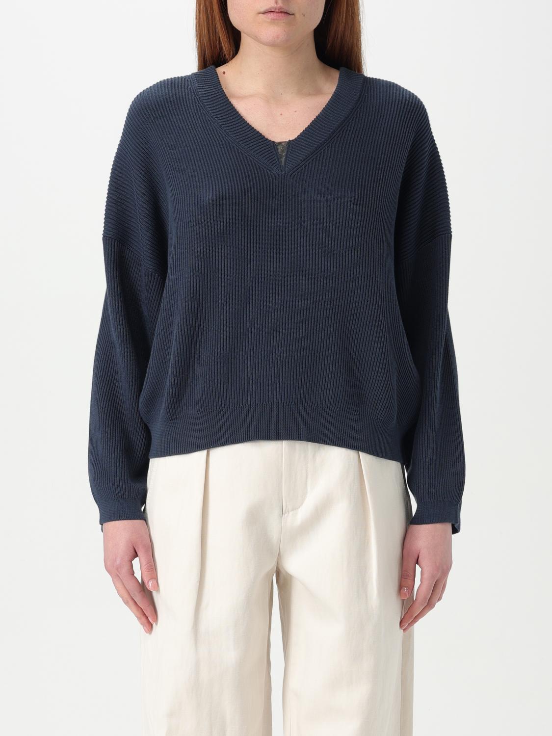 Brunello Cucinelli Long-sleeved V-neck Sweater In Blau