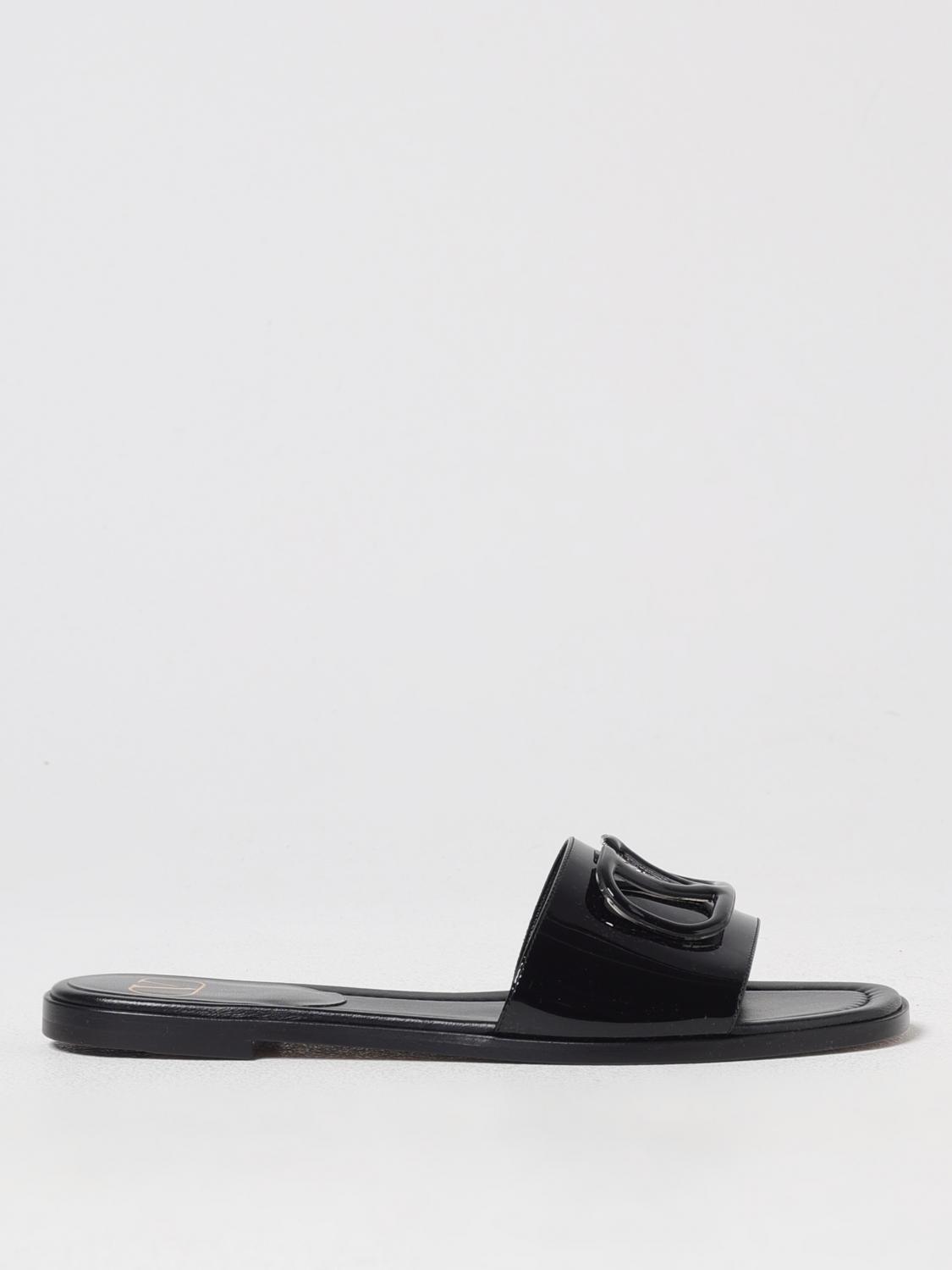 Valentino Black Vlogo Cut-out Calfskin Slide Sandals In Black