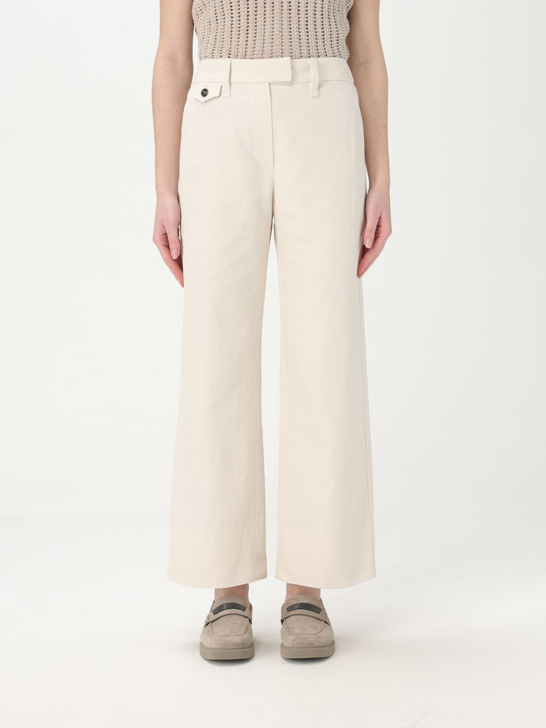 Brunello Cucinelli High-waisted Cotton-linen Pants With Monile Back Detail In White